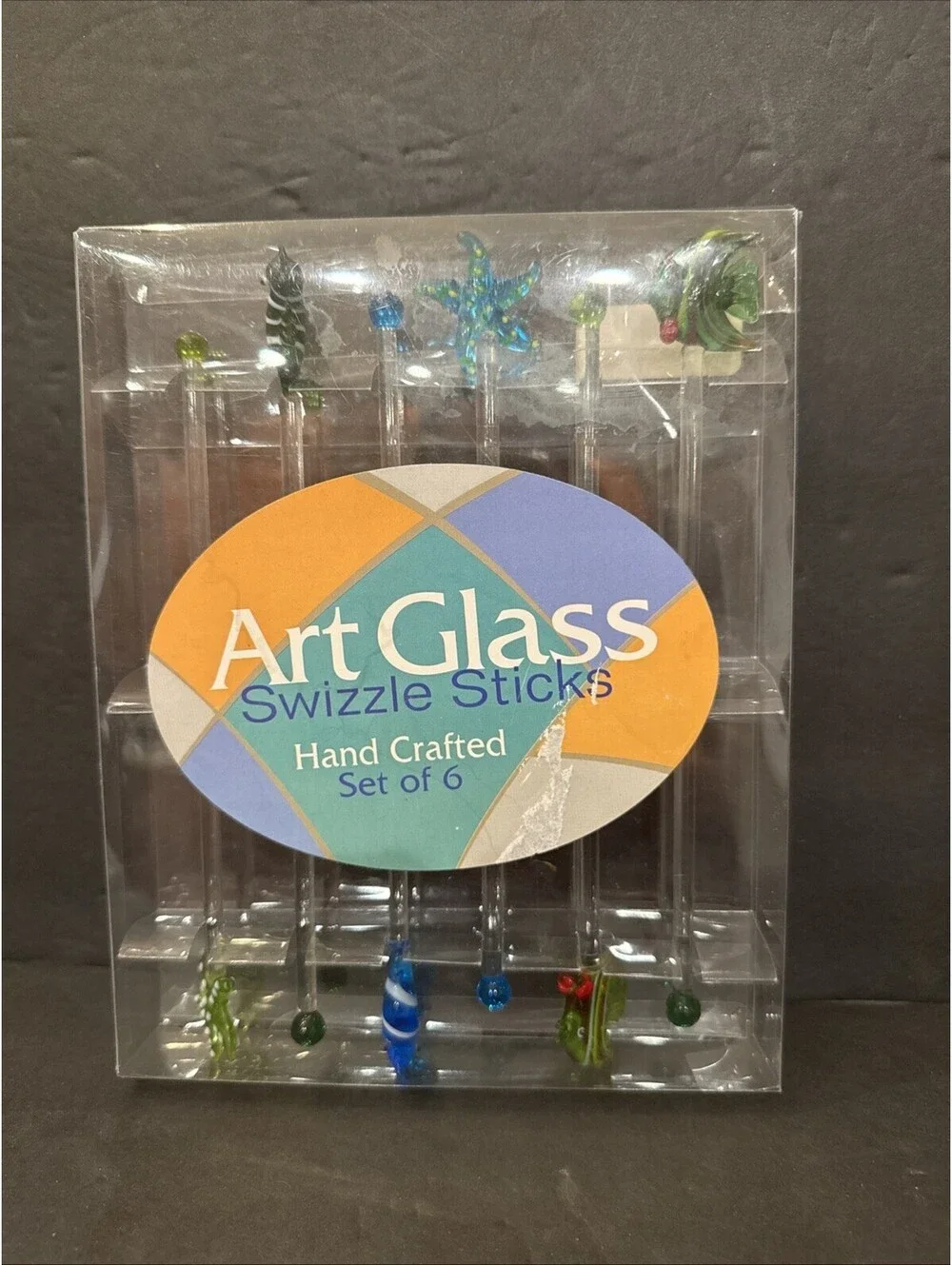 NEW HAND BLOWN GLASS SWIZZLE STICKS SET OF 6 TROPICAL FISH